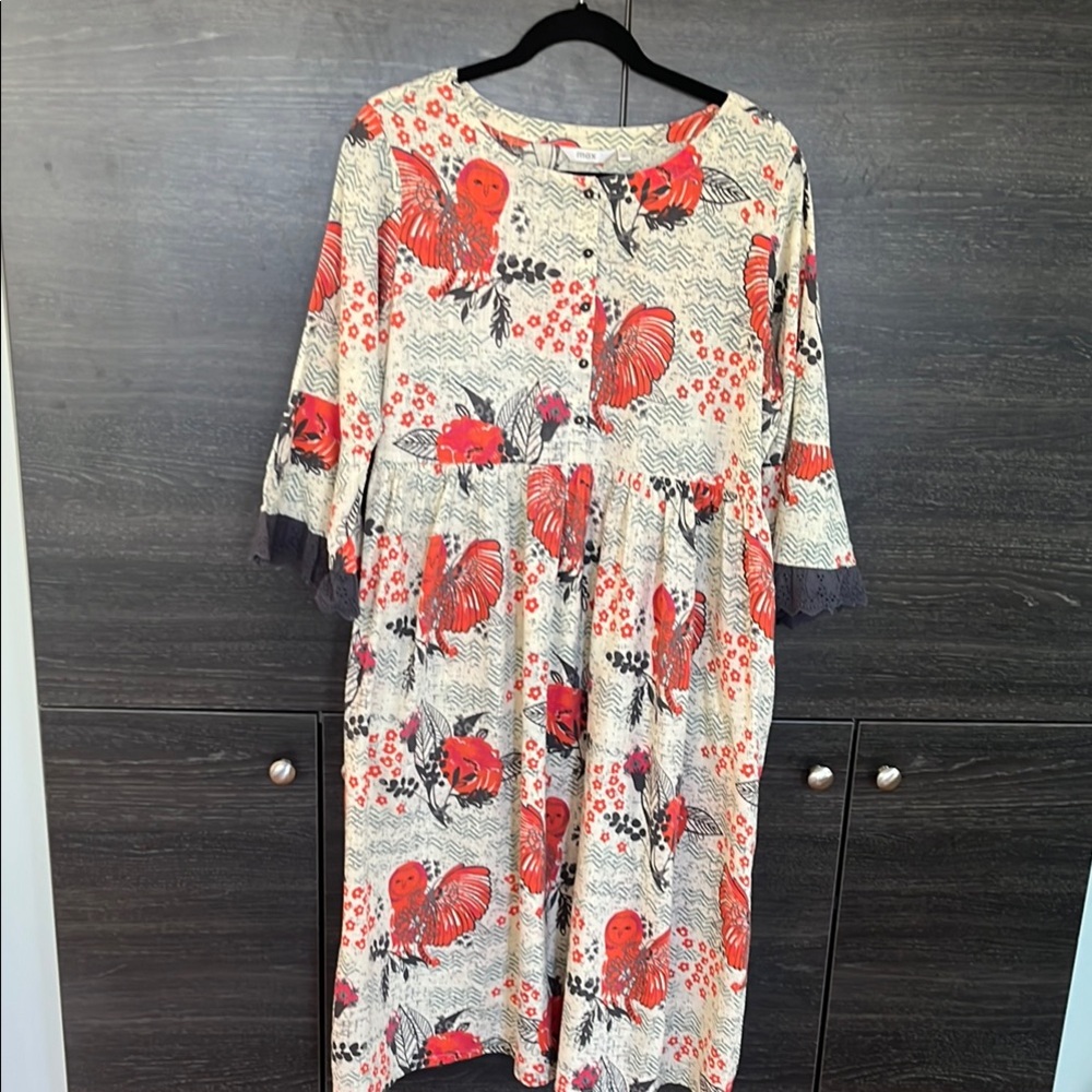 EUC MAX Cotton Owl Print Dress with Eyelet Lace